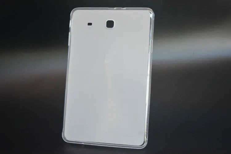 Clear transparent white ultra-thin silicone protective case for a tablet on a flat surface.