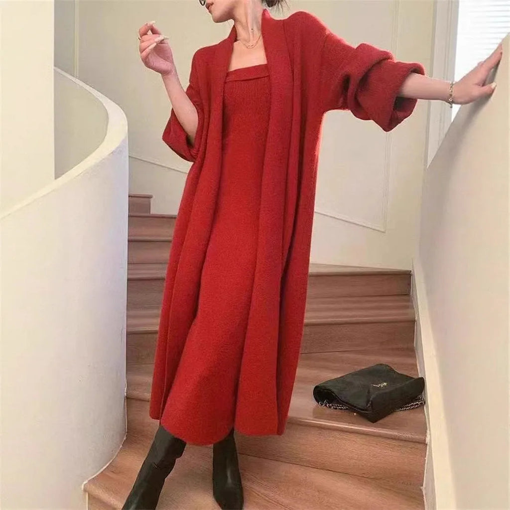 Women's grey knitted cardigan dress sweater two-piece suit with long skirt