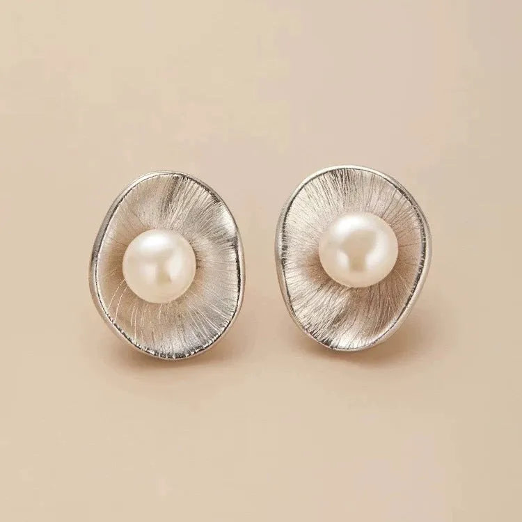 Sterling silver needle earrings with freshwater pearl geometric dangle design