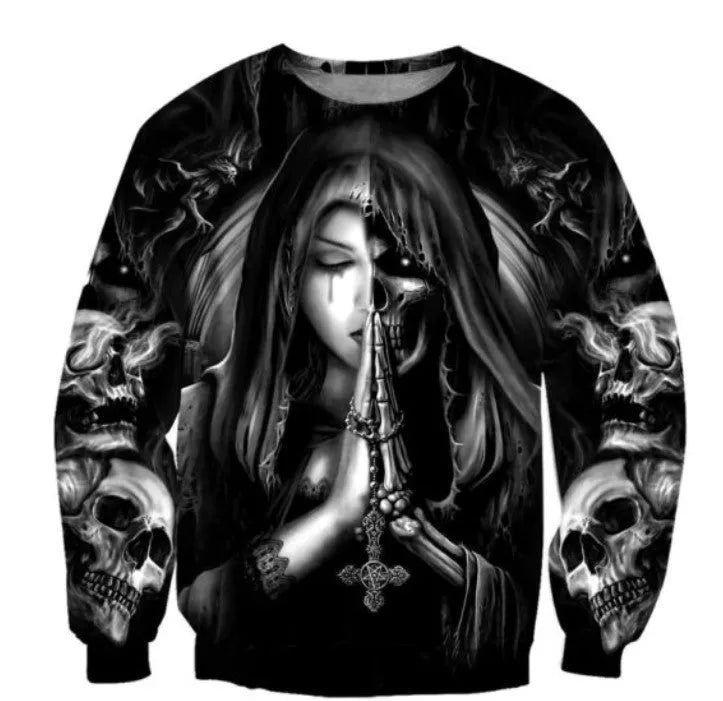Halloween hooded sweatshirt with a 3D anime skull graphic on the front, shown in a casual style.
