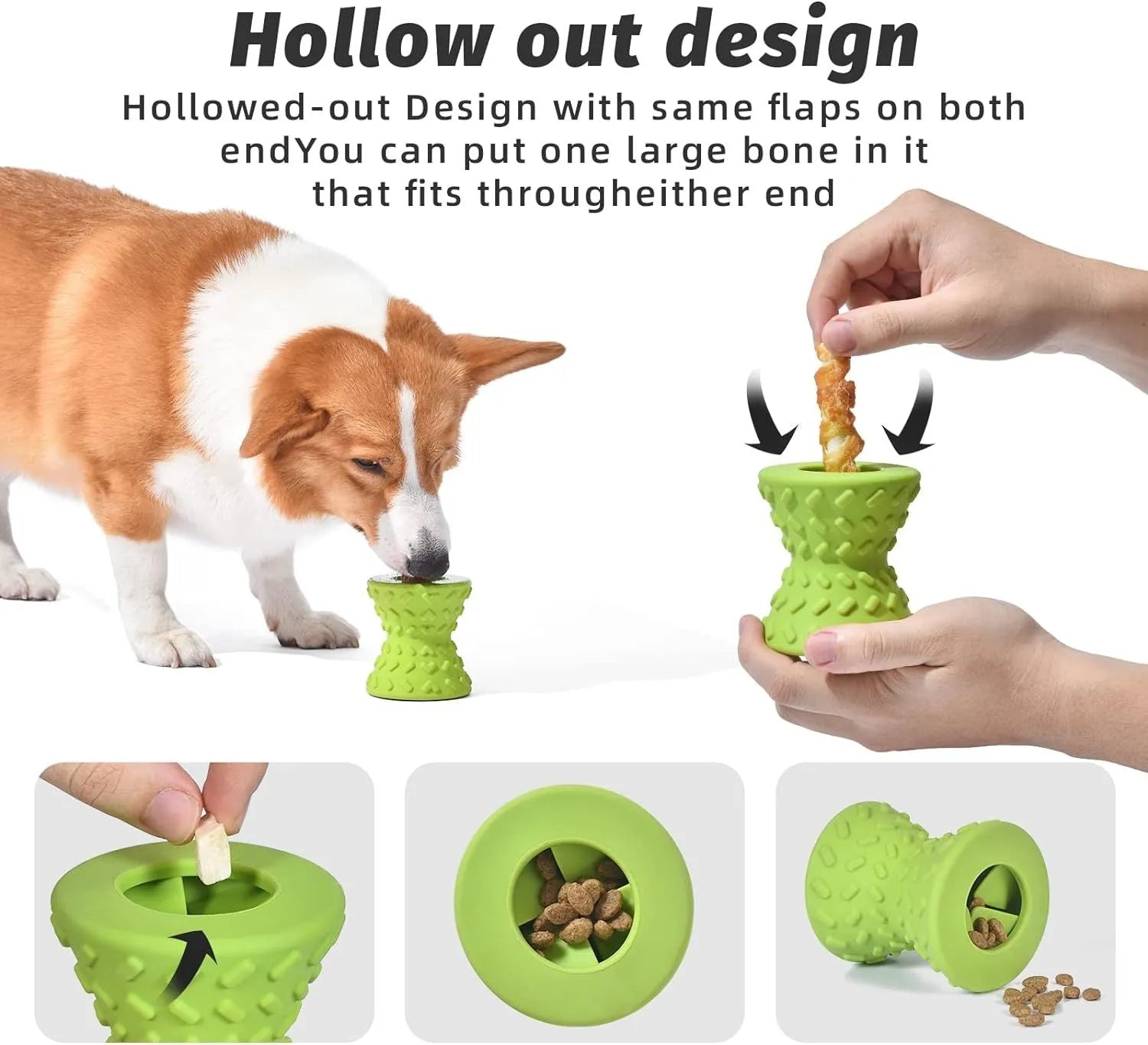 Blue natural rubber treat dispensing dog bone toy with food leakage holes for aggressive chewers