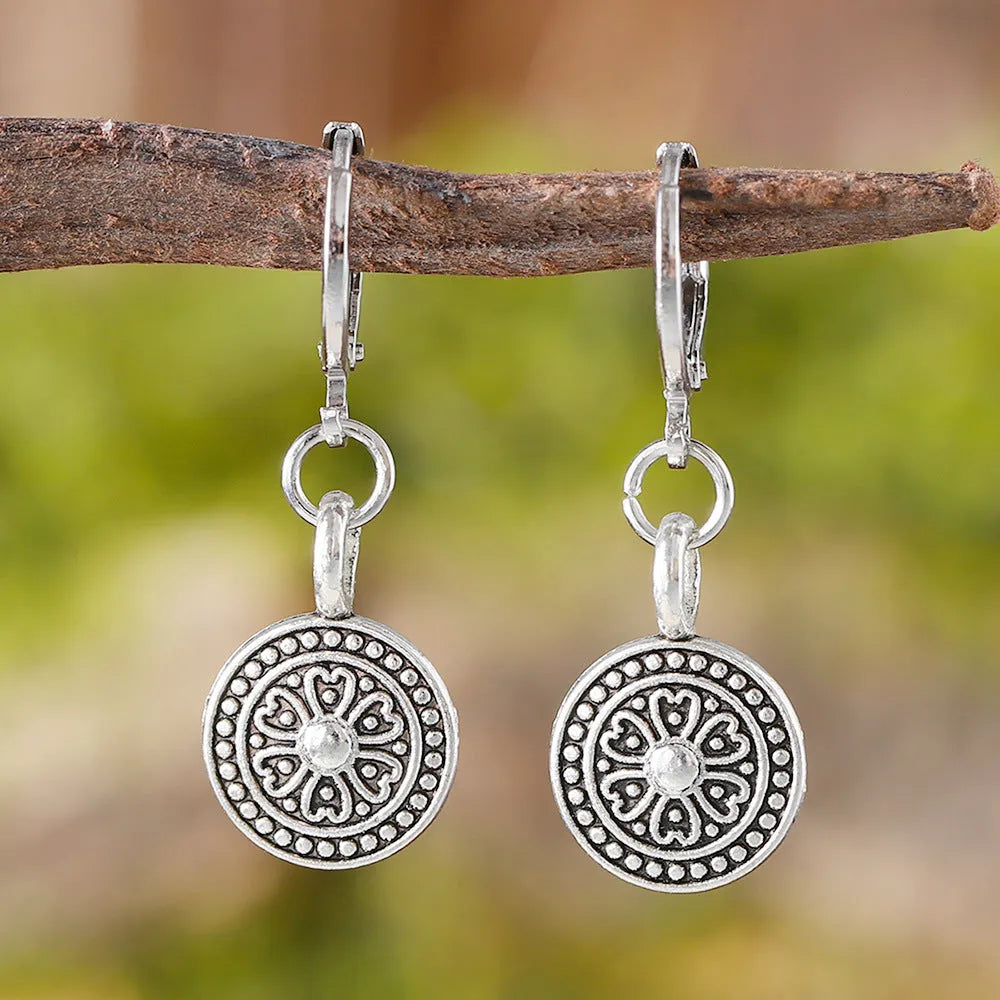 Bohemian style retro earrings with geometric shape and distressed ethnic design in zinc alloy