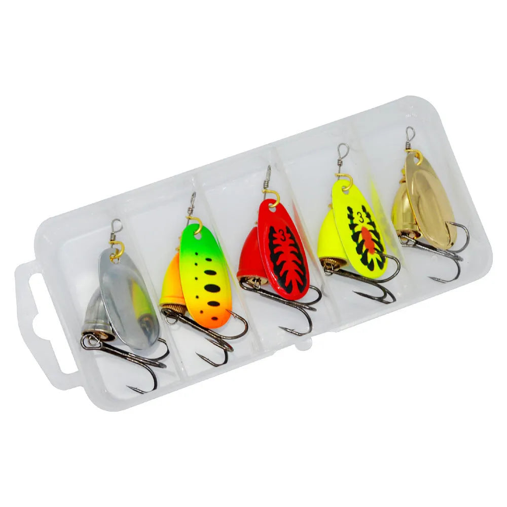 Composite rotating sequins copper bell metal fishing lure in seven colour options on a blue background.