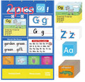 Alphabet learning chart with word cards, letter cards, and picture cards for children's education.