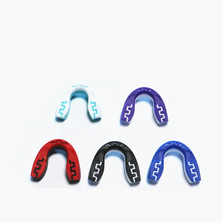 Adult boxing mouthguard with printed tooth socket design for martial arts protection in three colour options