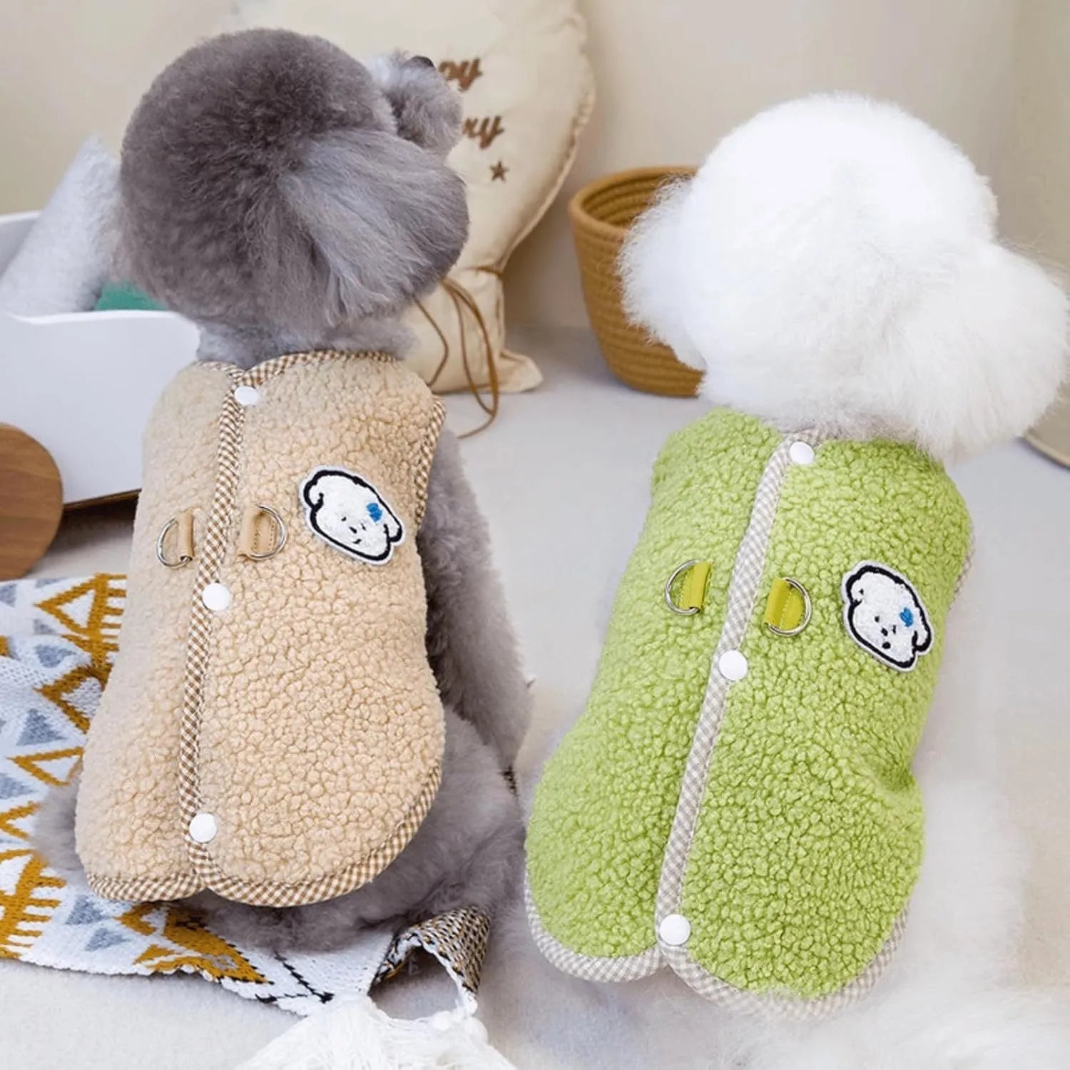 Green coral fleece dog vest with metal leash ring for small pets