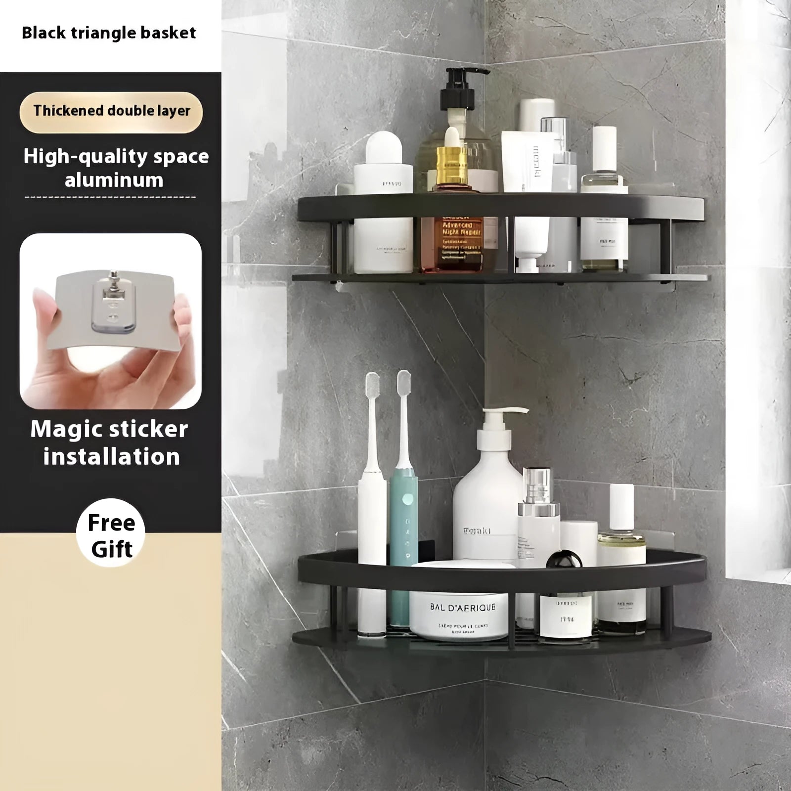 Black double triangle punch-free adhesive bathroom storage rack with multiple shelves mounted on a wall.