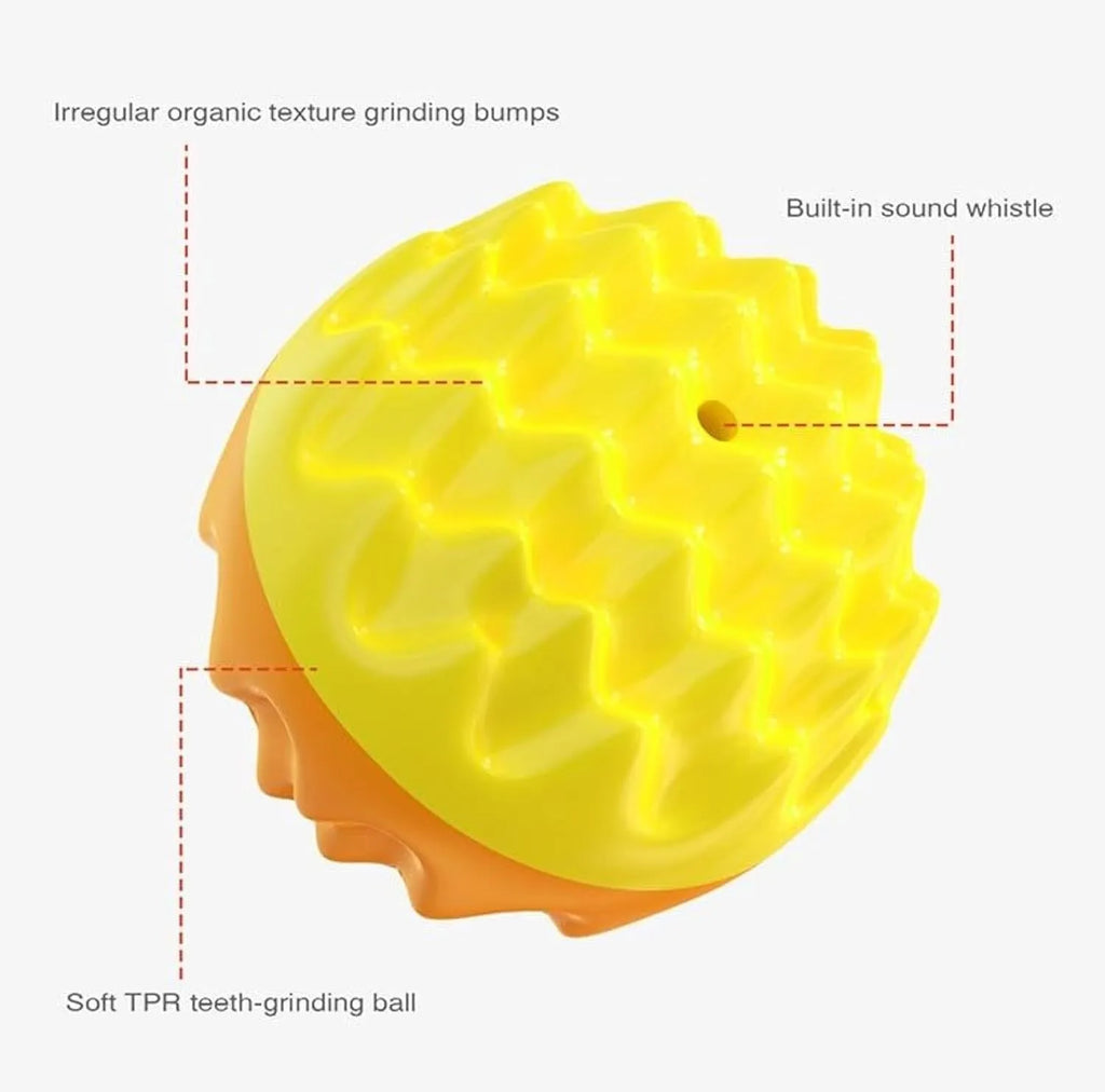 Blue or orange squeaky rubber dog ball with spiky dental cleaning texture