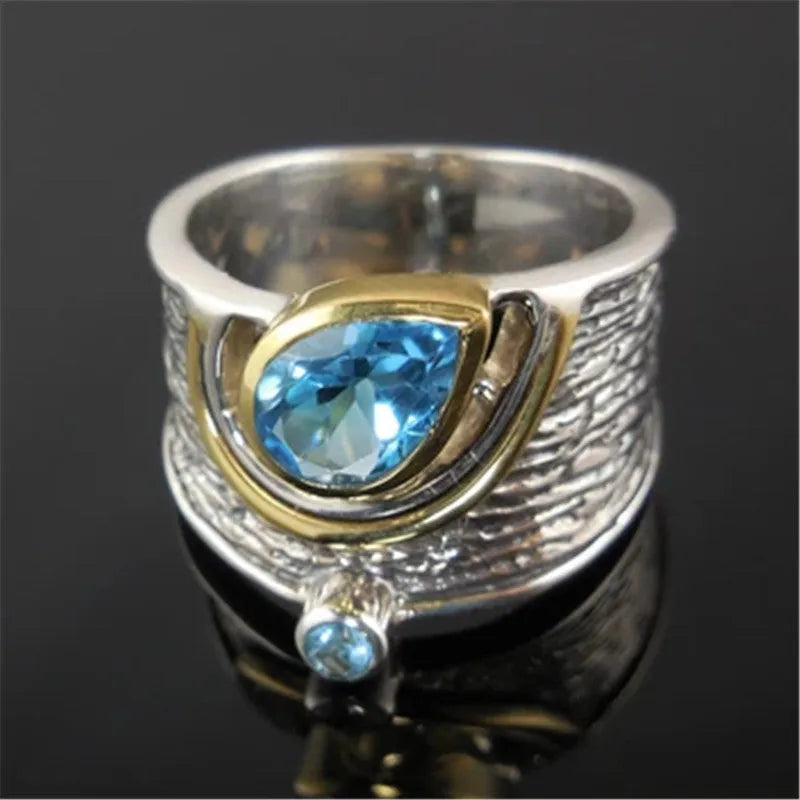 Blue drop-shaped zircon rhinestone Chinese style women's ring in alloy metal