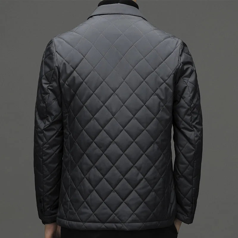 Men's black cardigan-style winter down jacket with lapel collar and side seam pockets.