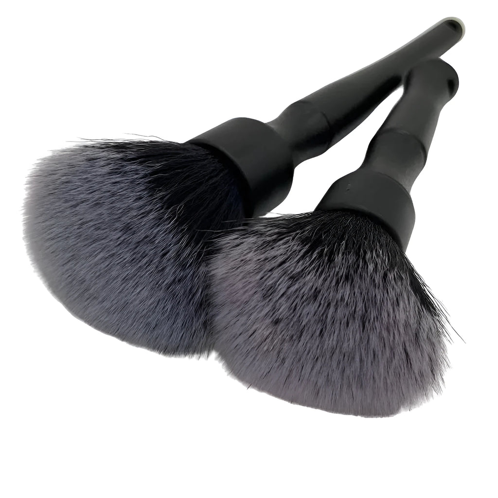 Black car detailing brush with ultra-soft pig hair bristles and a PP plastic handle for interior cleaning.