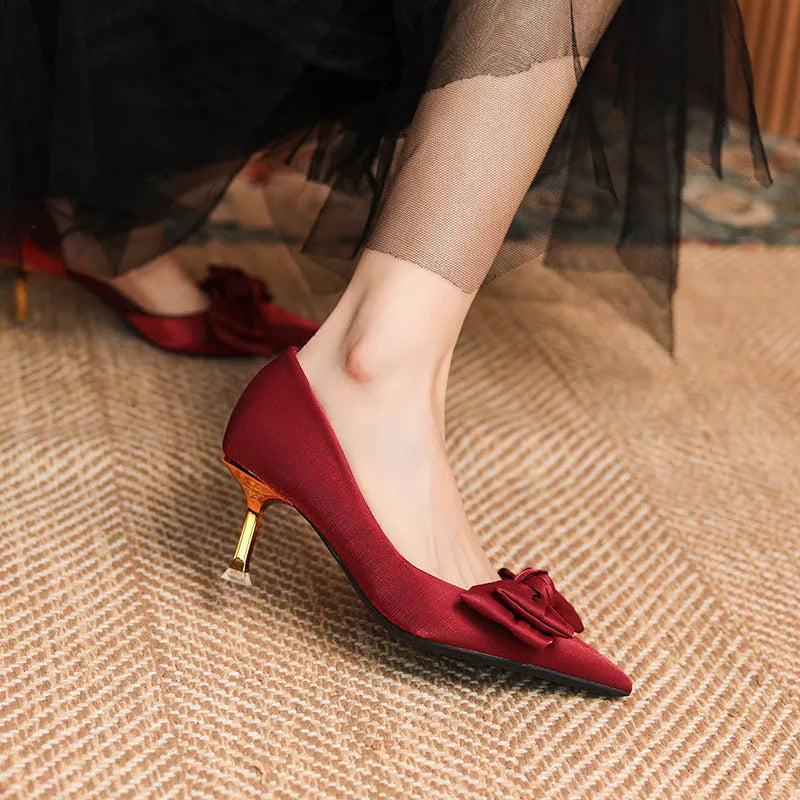Women's solid colour microfiber high heels in apricot or wine red, sizes 34 to 39, one pair