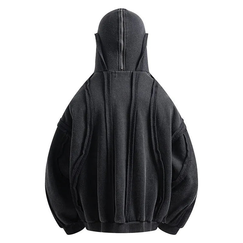 Black men's cotton hooded cardigan coat with abstract pattern and zip front.