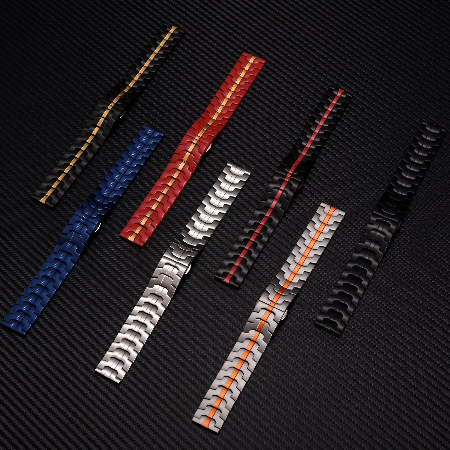 Stainless steel watch strap for Samsung Galaxy Watch in silver and black colour options, showing 20mm and 22mm width.