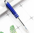 Multifunctional metal capacitive stylus ballpoint pen with LED light in red, black, white, green, and blue colours.