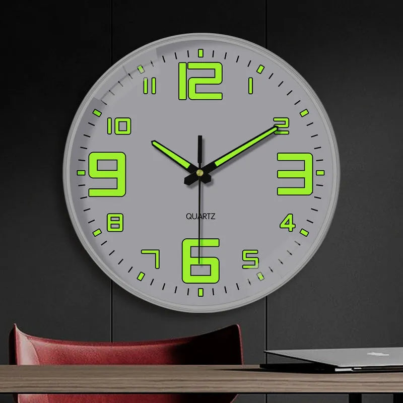 Modern 8 inch luminous wall clock with 20cm diameter plastic shell.