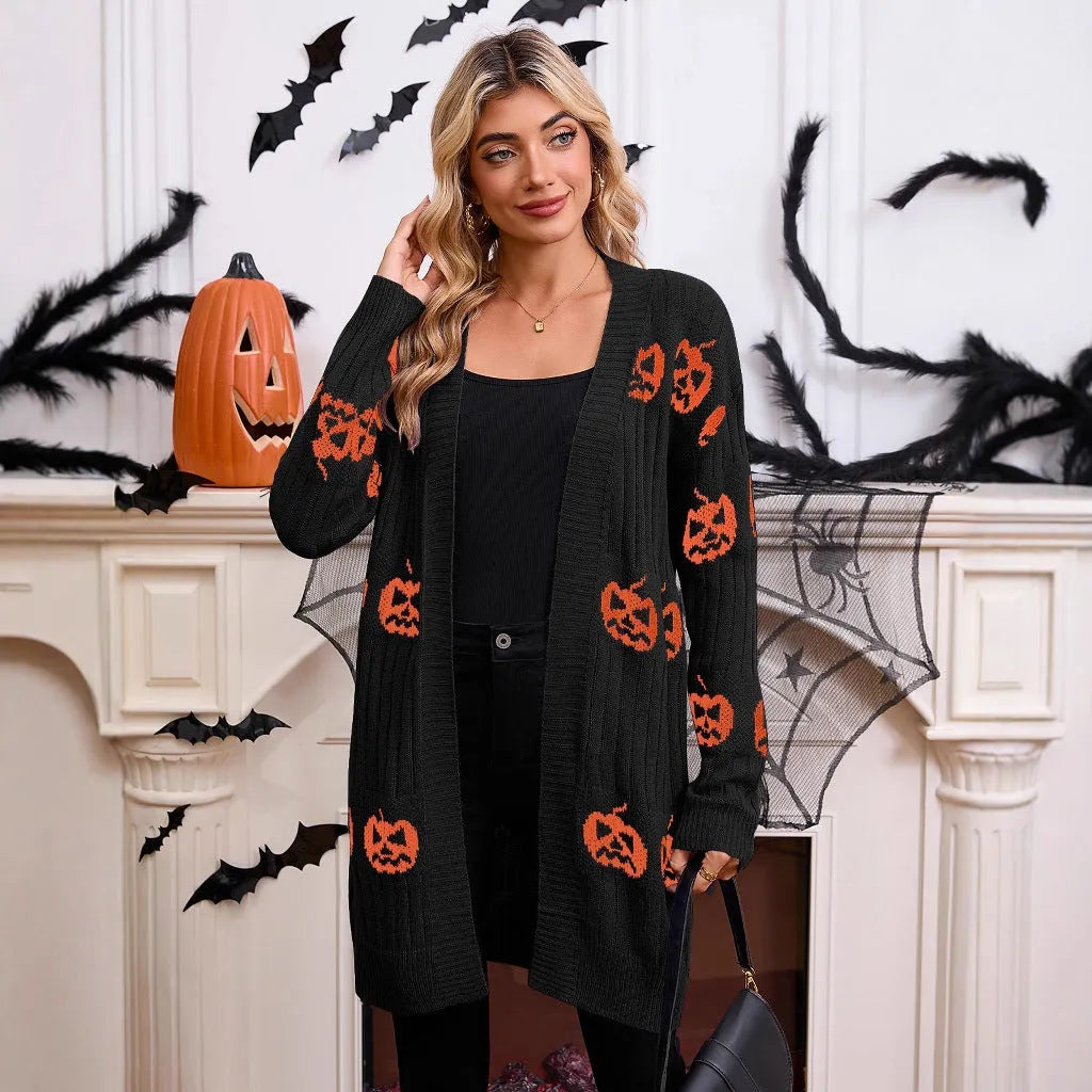 Women's black Halloween cardigan with pumpkin head jacquard pattern, medium length acrylic knit