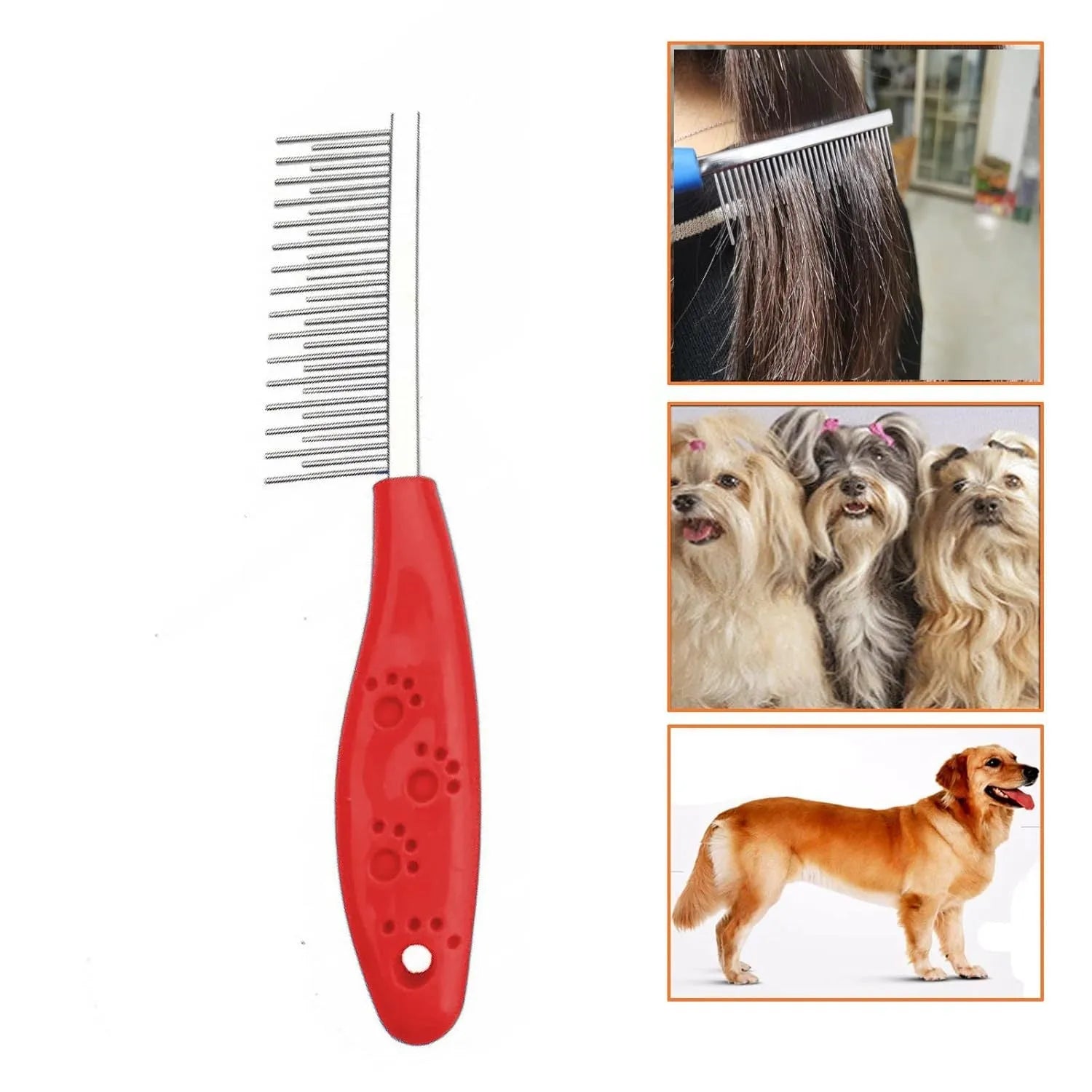 Red pet comb with stainless steel teeth for dematting dog cat long hair knots