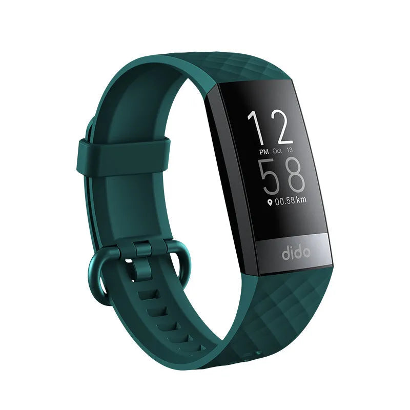 Black smart health monitoring bracelet with a 1.1-inch screen on a wrist strap.