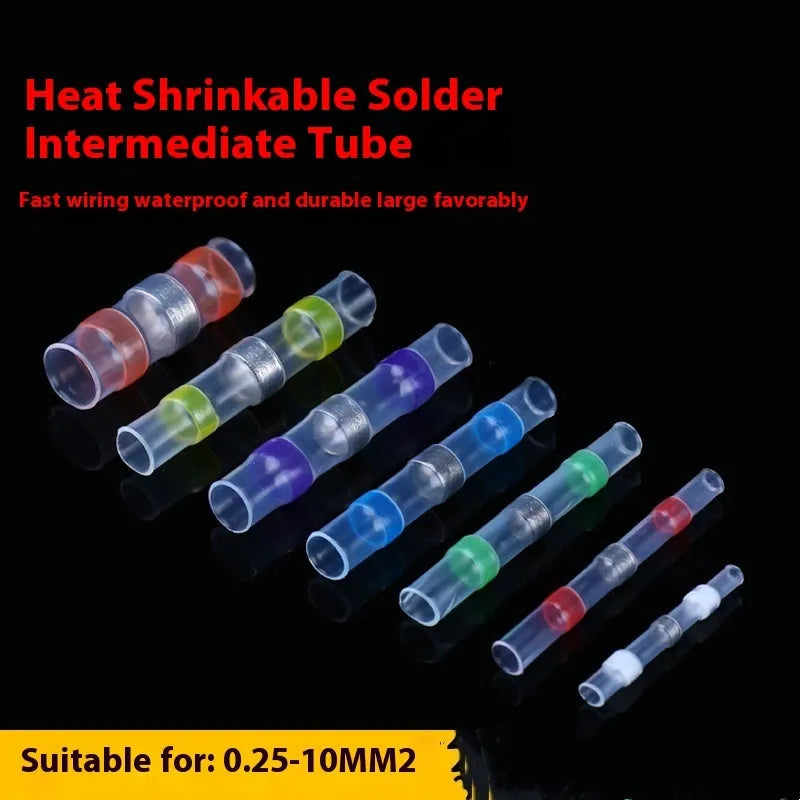 Blue, green, orange, purple, red, white, and yellow heat shrink solder ring terminals for electrical wiring.