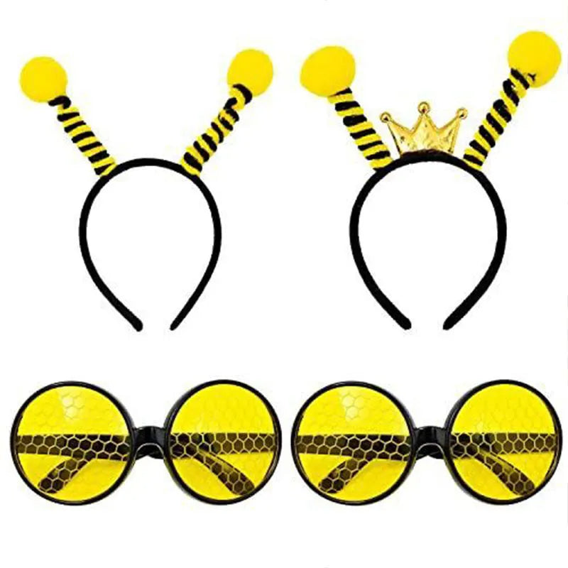 Yellow and red bee costume headband and matching black frame glasses for children's dress-up.