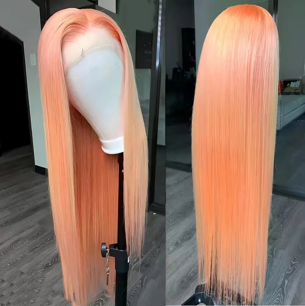 Light orange long straight synthetic wig with front lace construction on display