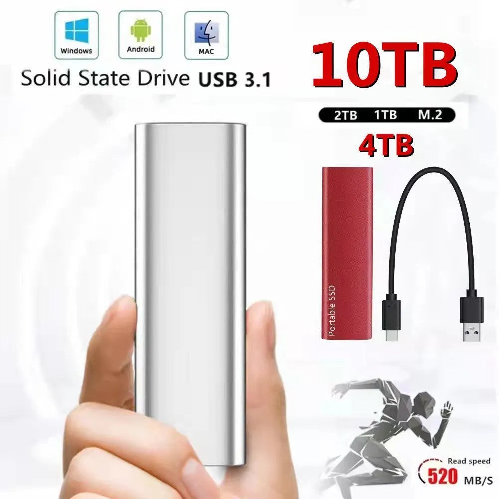 Ultra-thin metal-shell mobile SSD external hard drive in red, black, blue, or silver with capacity options from 500GB to 30TB