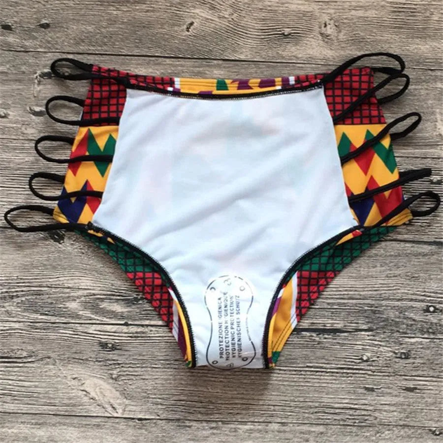 Women's high waist bikini swimsuit with digital printing pattern and backless design