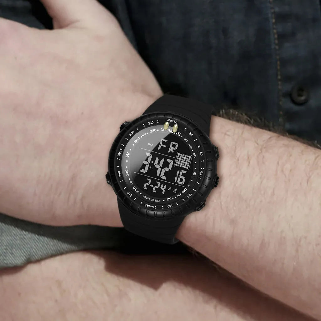 Black waterproof digital watch with WR50M rating and adjustable PU strap on wrist