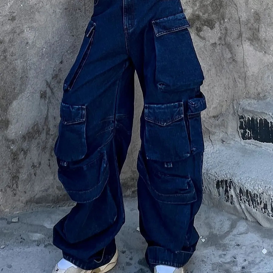 Dark blue distressed wide-leg workwear jeans with high waist and multiple pockets
