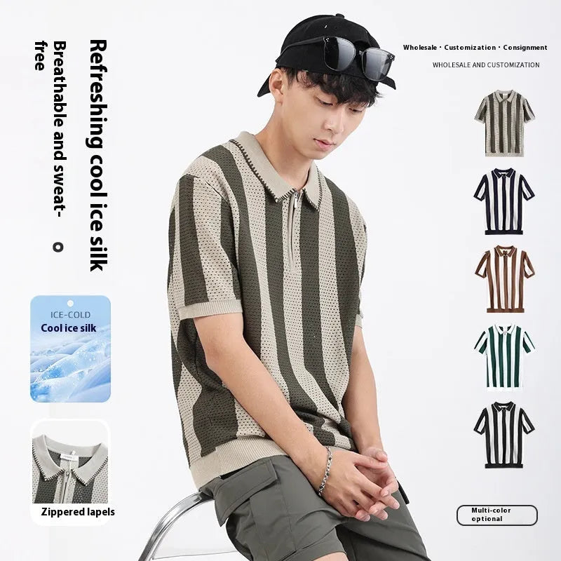 Men's striped ice silk summer sweater with zip detail in five colour options