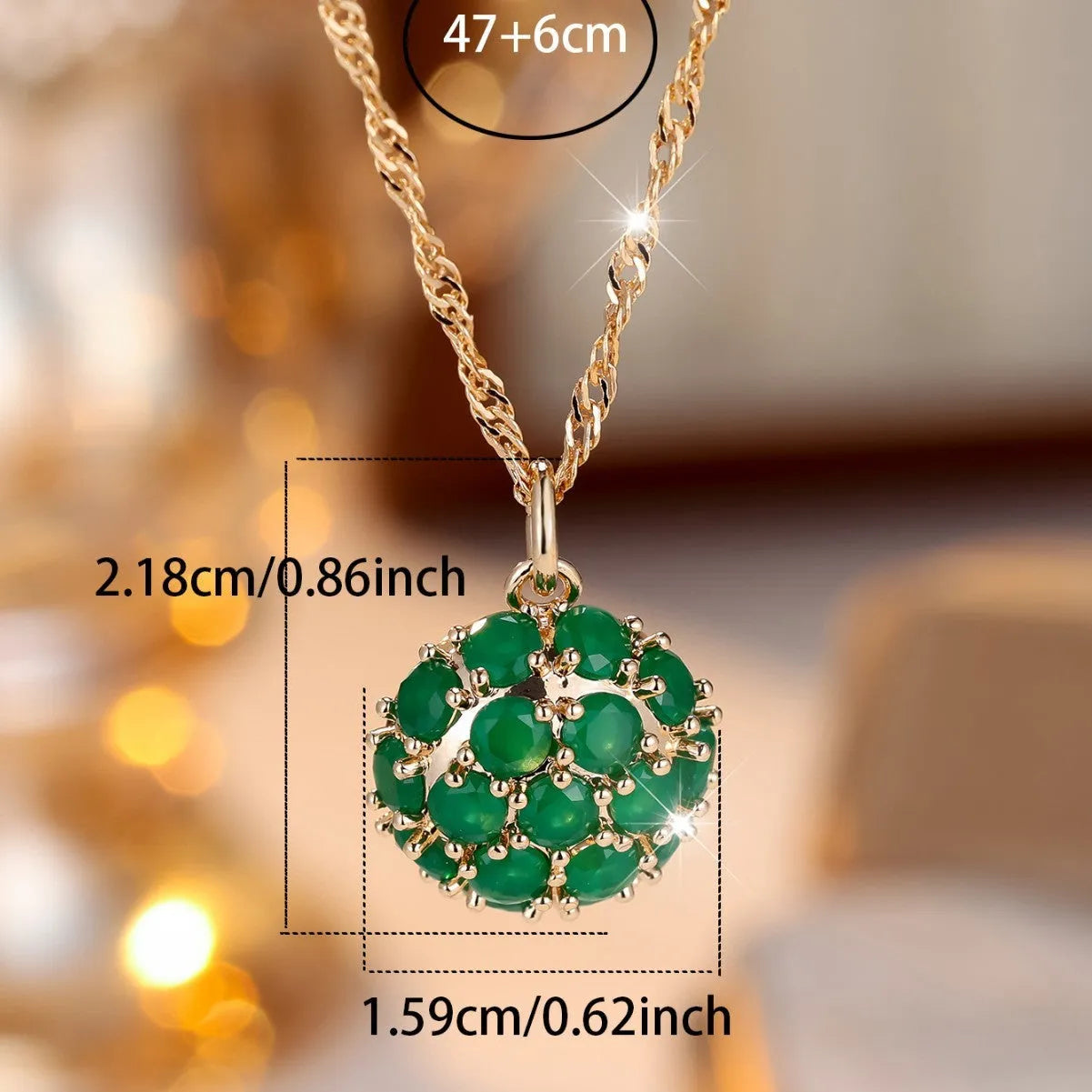 Round emerald and diamond pendant necklace with geometric shape on adjustable 51-60cm chain