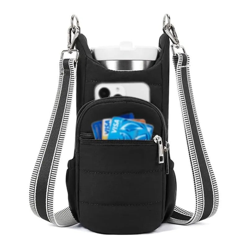 Cloth water bottle bag for bicycles in black, pink, or beige colours with modern simplicity design