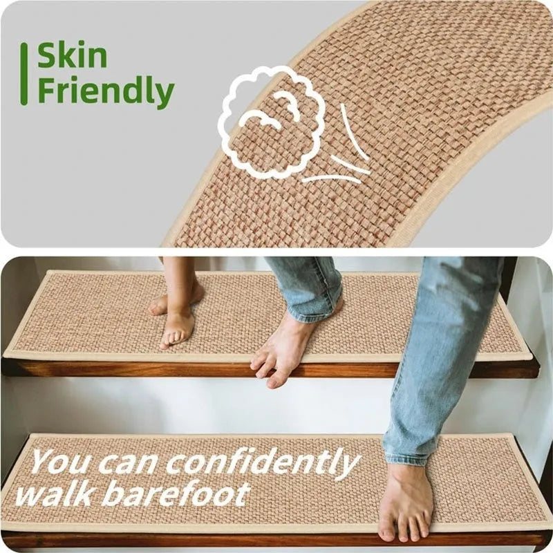 Japanese-style linen-like polyester stair mat on wooden steps in camel colour with rubber bottom