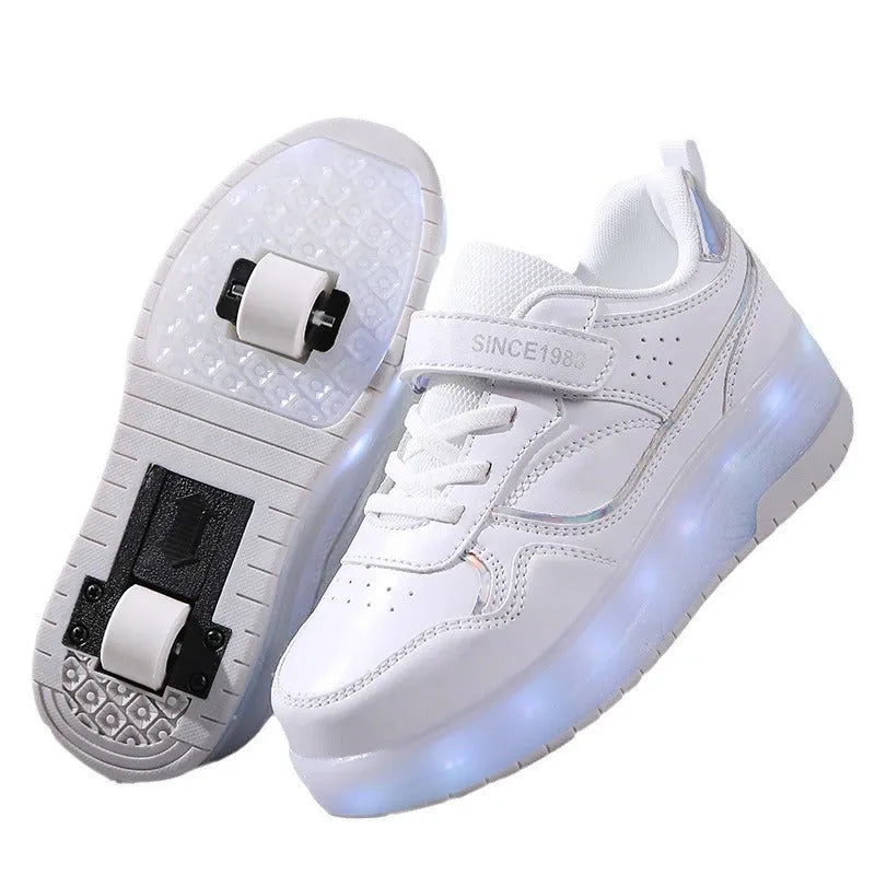 Children's charging flash rollerskates with LED illuminated wheels in multiple colour options
