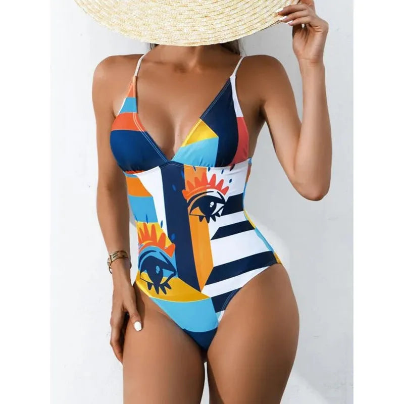 Women's plus size printed bikini swimsuit in solid colour with backless one-piece design