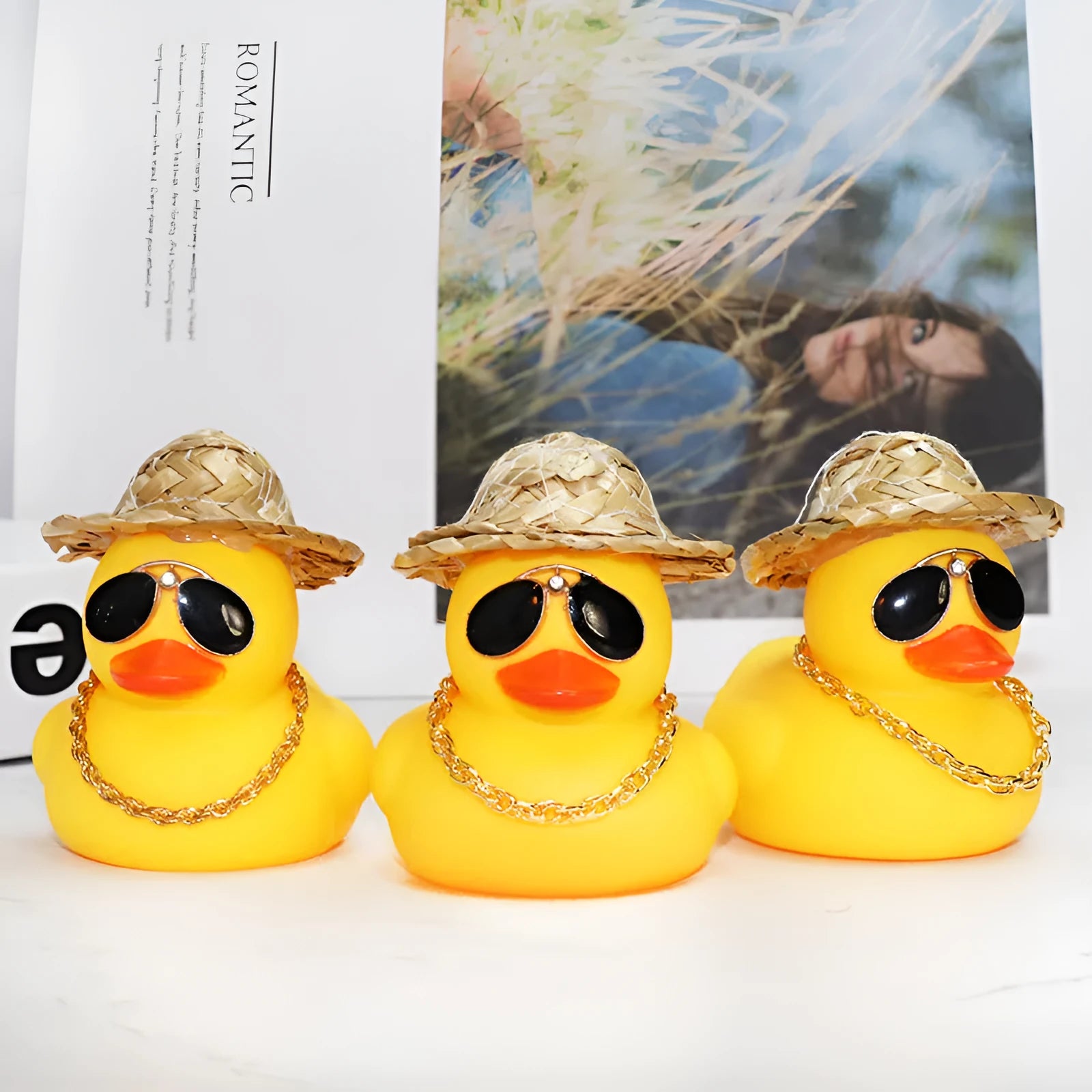 Cartoon straw hat yellow duck car dashboard ornament with sunglasses accessory on base