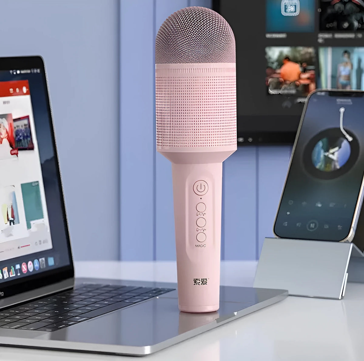 Bluetooth wireless karaoke microphone with integrated speaker in blue, green or pink colour options
