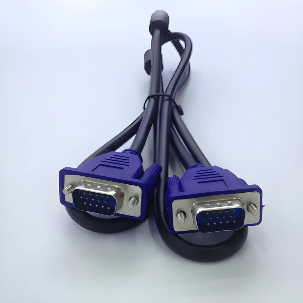 Black VGA cable with blue moulded connectors, 1.5m length for computer monitor connections