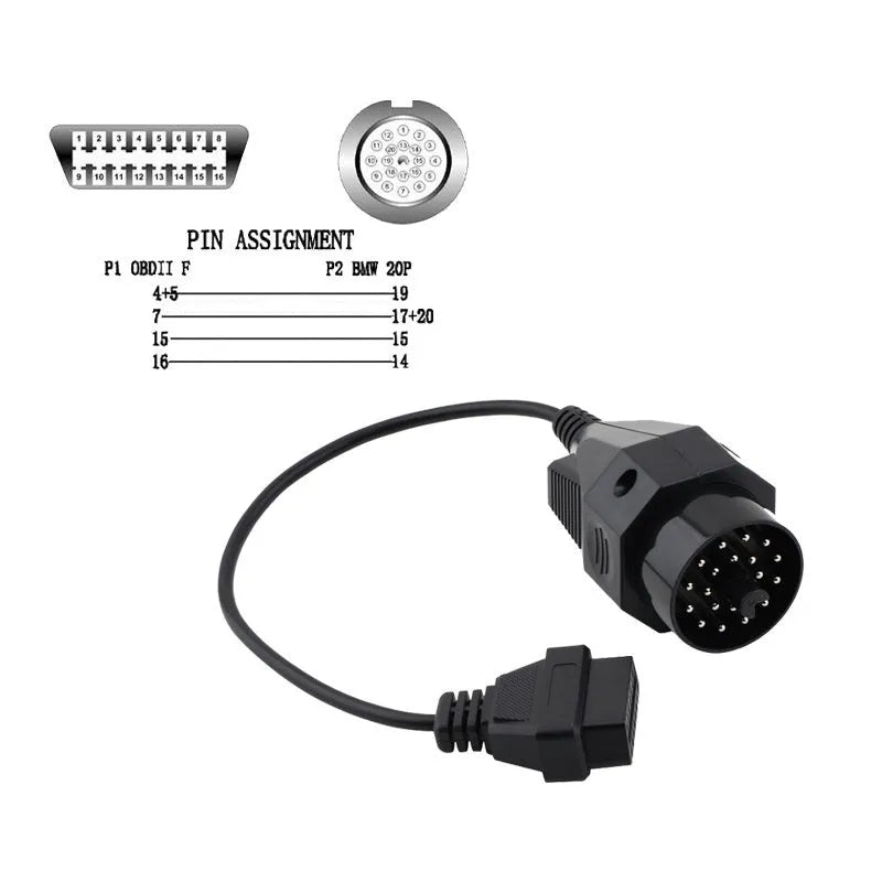 BMW 20-pin to standard 16-pin OBD2 diagnostic adapter cable on a white background.