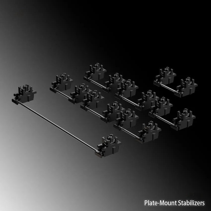 Keyboard stabiliser accessories set showing black and milky white options for 6.25U and 7U spacebars