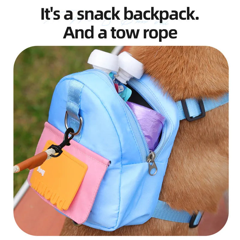 Blue adjustable pet backpack with harness and snack storage compartment for dogs