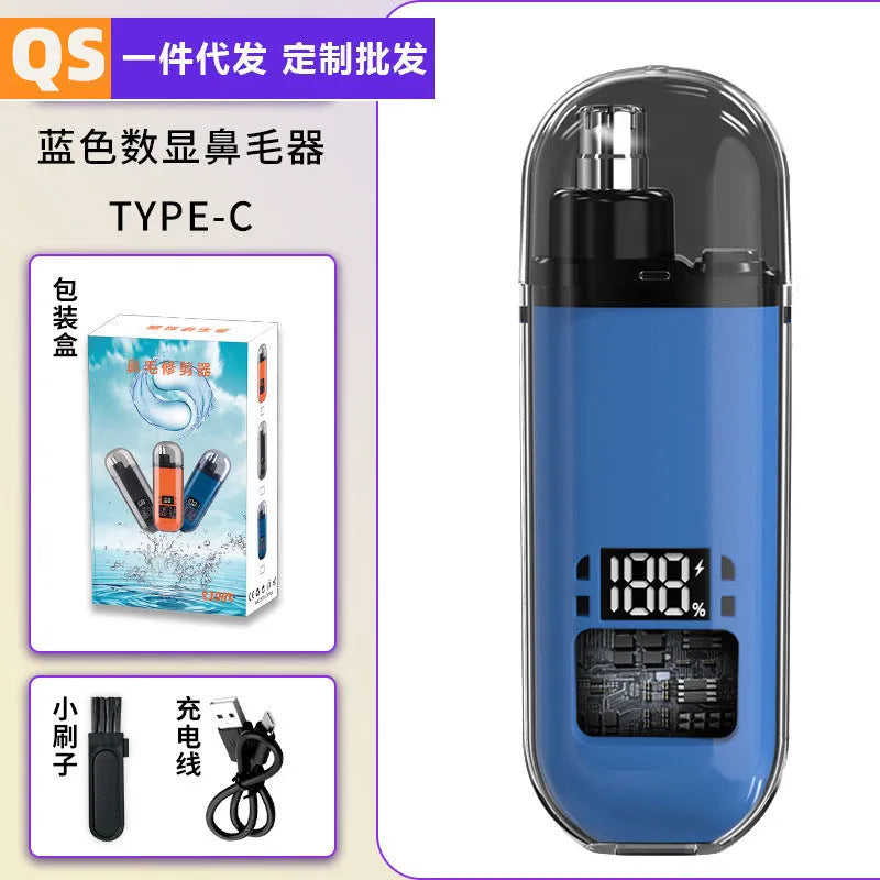 Rechargeable nose hair trimmer with digital display showing black, blue and orange colour options