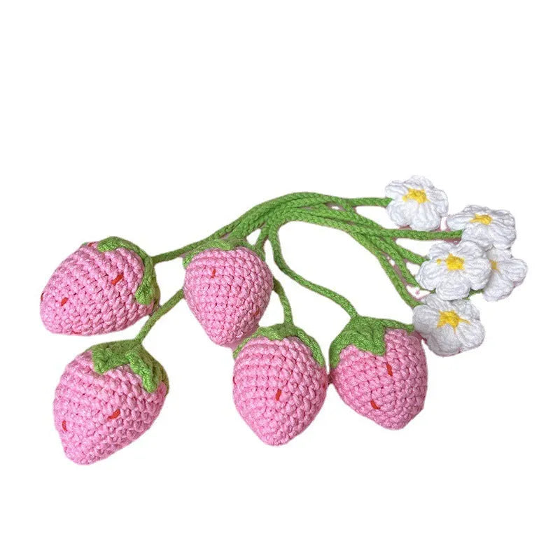 Knitted wool crochet woven strawberry pendant on a long cord, red and pink colour options.