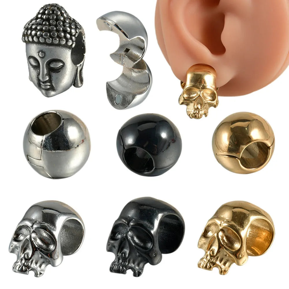 Stainless steel hollow skull Buddha earrings in four electroplated colour options