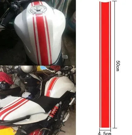 Motorcycle reflective pinstripe sticker measuring 50x4.5cm in black, red, silver, and yellow colours