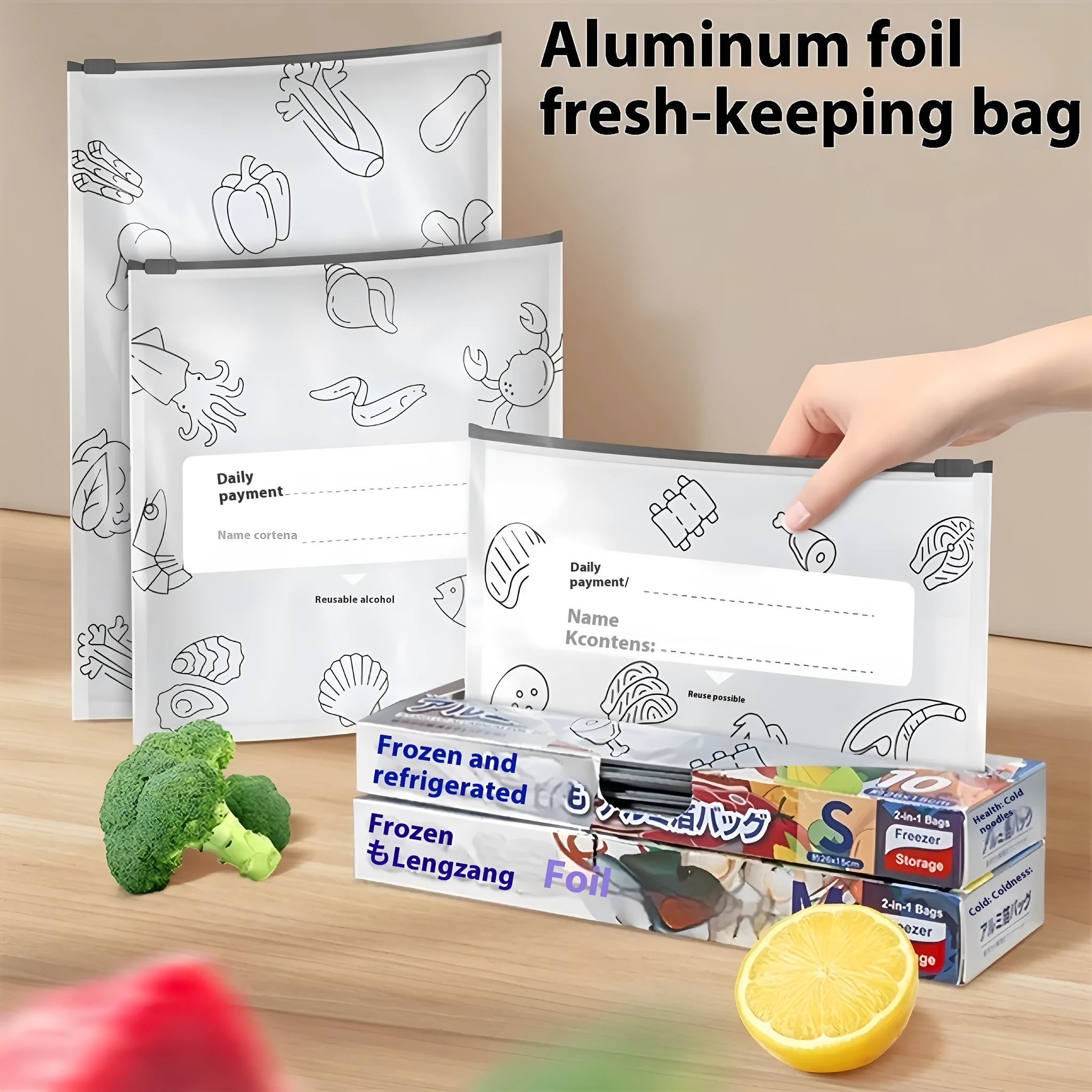 Pack of ten aluminium foil sealed storage bags in three different sizes on a white background.