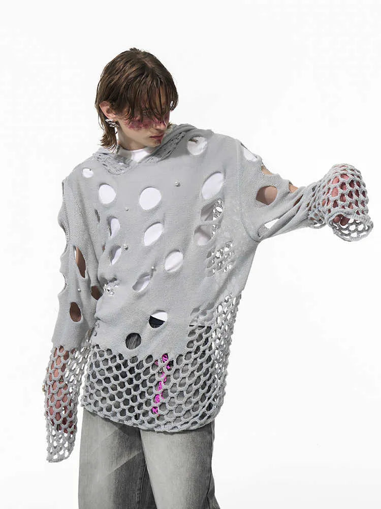 Black men's hoodie with pearl decorative elements and loose thin fabric construction