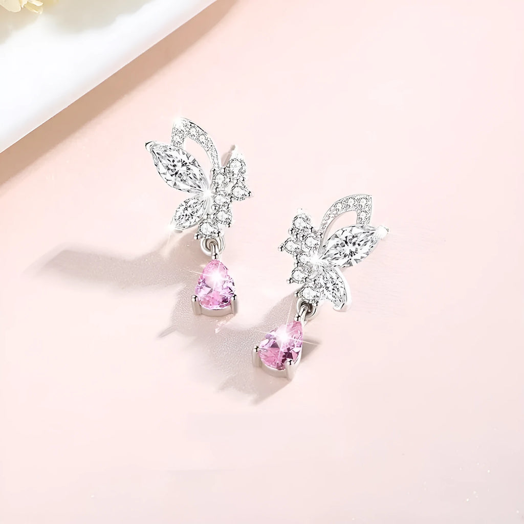 Butterfly crystal silver stud earrings for women in 925 sterling silver with secure clutch backs