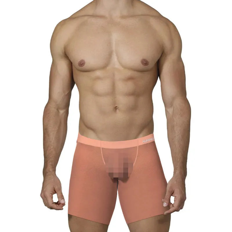Men's solid colour ice silk boxer shorts in orange, pink, and red on a white background.